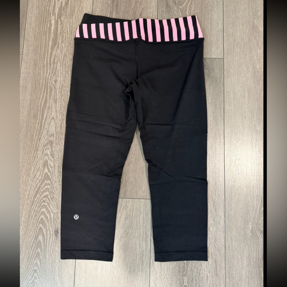 Lululemon Athletica Black Cropped Leggings with Pink Striped Waistband - Picture 3 of 4